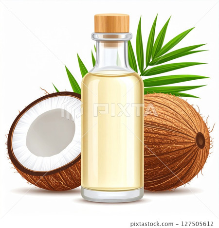 Glass Bottle of Coconut Oil with Coconuts and Leaves Glass Bottle of Coconut Oil with Coconuts and Leaves 127505612