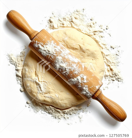 Rolling Dough with Wooden Pin on White Background Rolling Dough with Wooden Pin on White Background 127505769