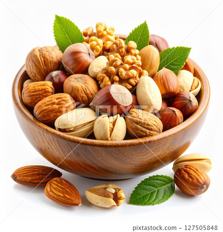 Assorted Nuts in Wooden Bowl with Green Leaves 127505848