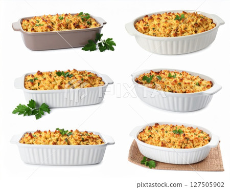 Six Variations of Creamy Baked Casserole Dish 127505902