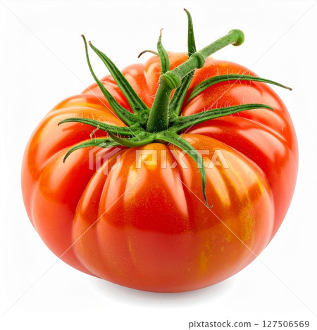 Ripe Red Tomato with Green Stem on White Background 127506569