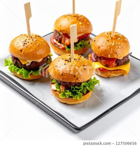 Four Mini Cheeseburgers on a Tray 127506656
