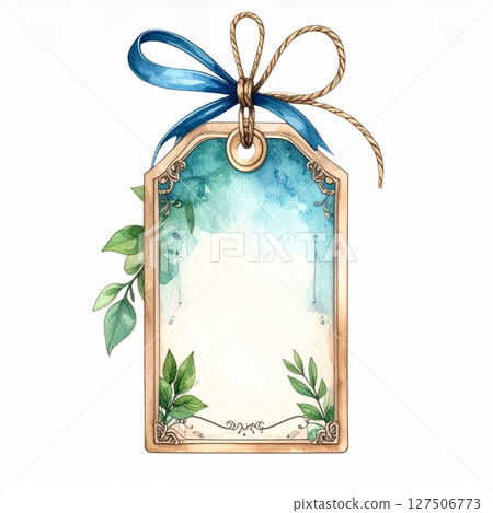 Watercolor Gift Tag with Blue Ribbon and Leaves Watercolor Gift Tag with Blue Ribbon and Leaves 127506773