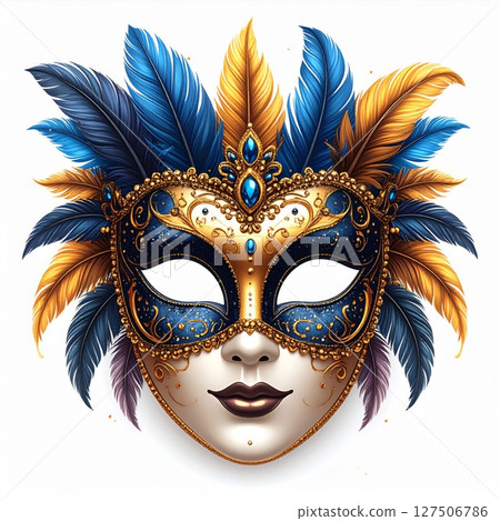 Ornate Gold and Blue Venetian Mask with Feathers 127506786