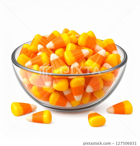 Orange And Yellow Candy Corn In Glass Bowl 127506831