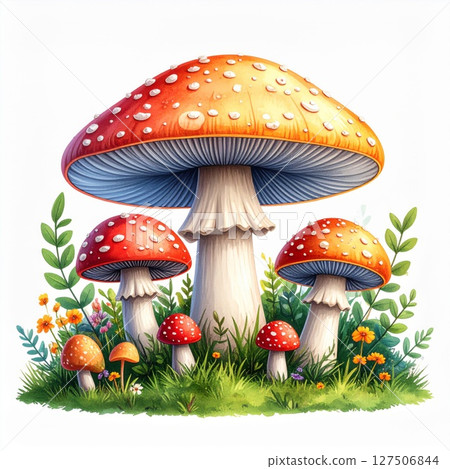 Vibrant Red And White Mushrooms In A Green Meadow 127506844