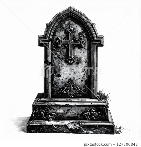 Weathered Gravestone with Cross 127506848