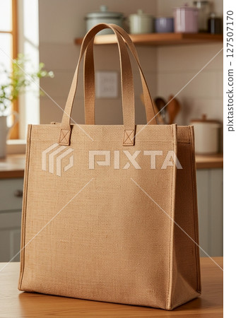Beige Burlap Tote Bag on Wooden Table Beige Burlap Tote Bag on Wooden Table 127507170
