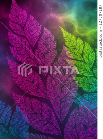 Vibrant Colorful Fern Leaves Against Cosmic Galaxy Background Vibrant Colorful Fern Leaves Against Cosmic Galaxy Background 127507197