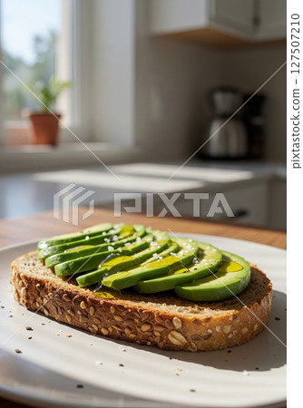 Avocado Toast with Olive Oil and Salt on Whole Wheat Bread 127507210