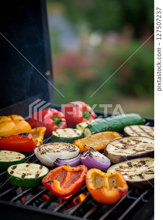 Colorful Grilled Vegetables on a Barbecue Grill 127507237