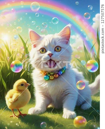 肥皂泡、可愛的小貓、小雞和彩虹 127507576