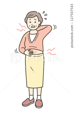 一位老年婦女全身插圖，她身體發癢，臉上愁眉苦臉 127507583