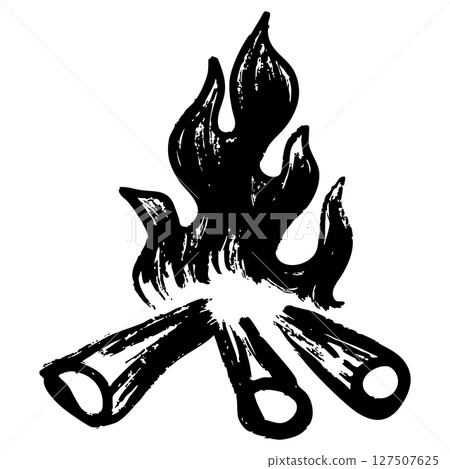 Artistic black and white linocut illustration of a campfire with three logs and stylized flames. Hand-drawn textured brush style perfect for camping, outdoor themes, and vintage woodcut designs. Artistic black and white linocut illustration of a campfire with three logs and stylized flames. Hand-drawn textured brush style perfect for camping, outdoor themes, and vintage woodcut designs. 127507625