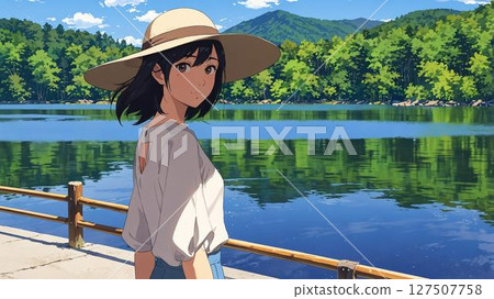 Illustration of a woman walking on a street corner in Showa-style Japan 127507758