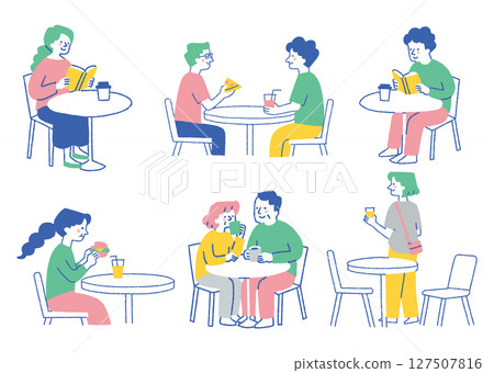 Set of men and women relaxing at a restaurant_Color 127507816