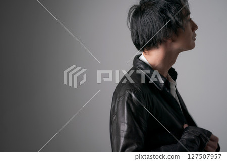 Man wearing leather jacket Man wearing leather jacket 127507957
