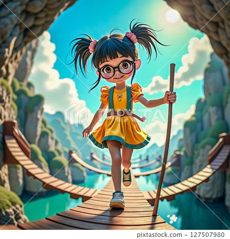 A restless girl with two pigtails. Hiking on wooden bridges. 127507980