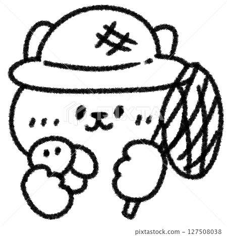 一隻可愛、放鬆的貓拿著一個防蟲網和一隻蟬(夏季,兒童)單色手繪插圖 一隻可愛、放鬆的貓拿著一個防蟲網和一隻蟬(夏季,兒童)單色手繪插圖 127508038