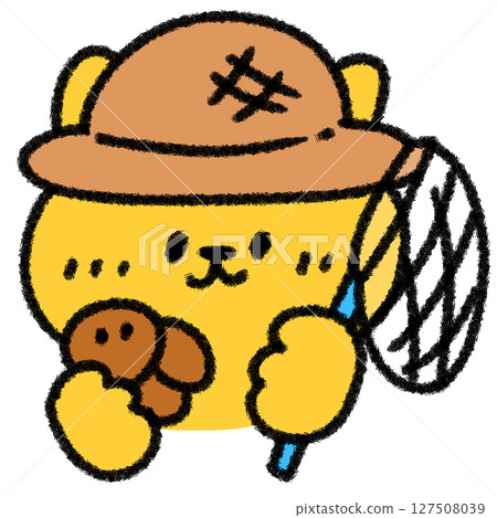 手繪插圖：一隻可愛、放鬆的貓拿著蝴蝶網和一隻蟬（適合夏季和兒童） 127508039