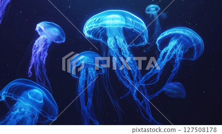 Jellyfish shining blue light under water in ocean night dark background 127508178