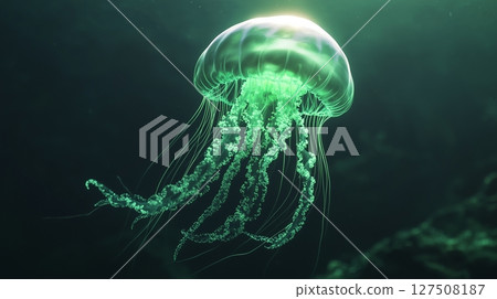 Jellyfish shining green light under water in ocean night dark background 127508187