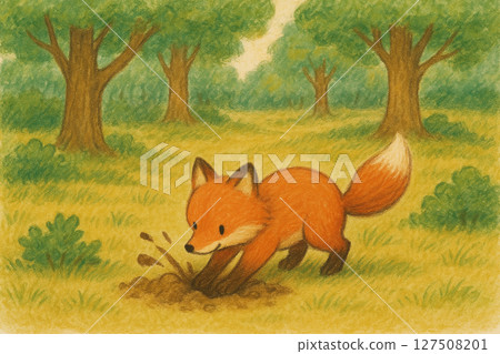 一隻小狐狸在森林裡挖洞的插圖 | 一個活潑的童話人物 | 一隻狐狸挖洞的插圖 127508201