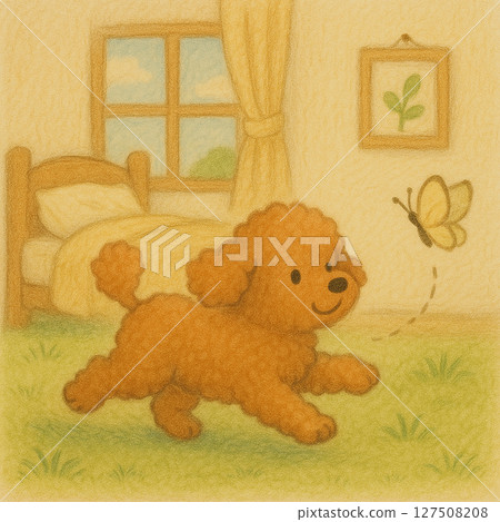 一隻可愛的小狗在Fusama追逐蝴蝶的插圖|童話般的溫暖風格|一隻狗在室內追逐蝴蝶的插圖 127508208