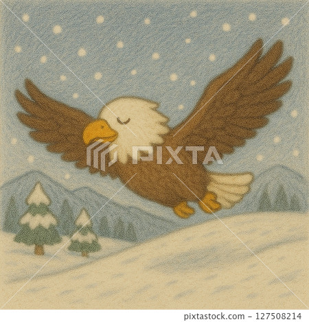 雪地裡飛翔的老鷹插畫 | 冬日童話自然風景 | 雪地裡飛翔的老鷹插畫 127508214