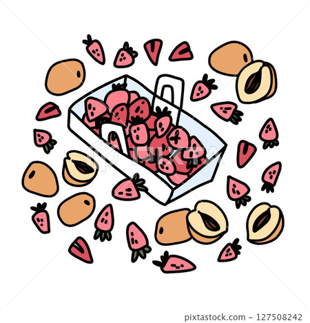 summer bright doodle illustration with a box of strawberries and ripe apricots on a white background summer bright doodle illustration with a box of strawberries and ripe apricots on a white background 127508242