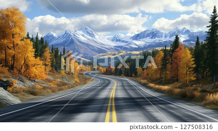 Golden autumn road in mountain range travel vacation holiday trip 127508316