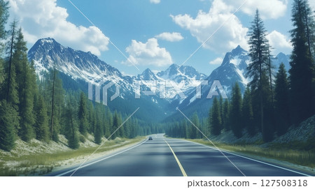Golden summer road mountain tourism beauty view clouds sky 127508318