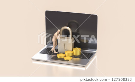 The Lock and coins on Laptop for Security concept 3d Rendering. The Lock and coins on Laptop for Security concept 3d Rendering. 127508353