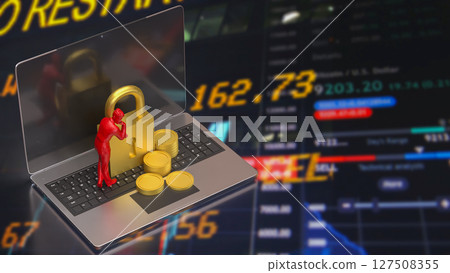 The Lock and coins on Laptop for Security concept 3d Rendering. 127508355
