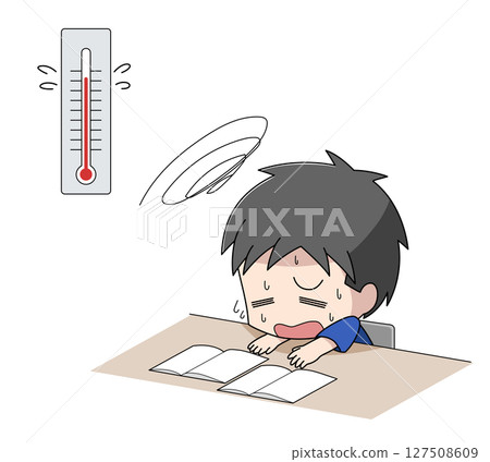 一個男孩因為天氣炎熱而無法集中精力學習的插圖 127508609