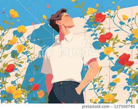 A man in a white shirt looks up at the sky in front of a flowered wall 127508740