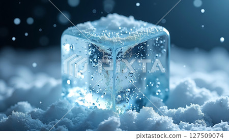 Icy cube in snow, winter freshness 127509074