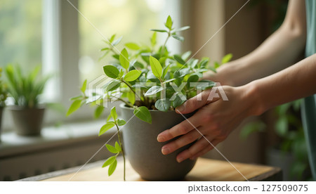 Person Holding Potted Green Plant Indoors by Window 127509075