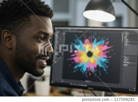 Graphic Designer Working on Colorful Abstract Design Graphic Designer Working on Colorful Abstract Design 127509285