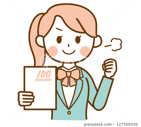 Illustration material of a student girl in a blazer uniform who worked hard to get 100 points on a test Illustration material of a student girl in a blazer uniform who worked hard to get 100 points on a test 127509356