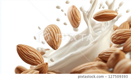 Almond nut in milk splash flying motion liquid drink 127509393