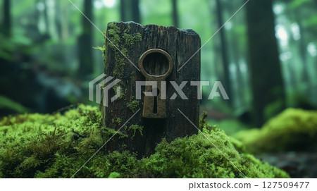 Old key lock antique on wooden board and mossy stone in green forest 127509477