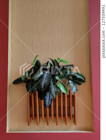 modern wall decor featuring lush greenery in minimalistic setting with warm tones at midday. closeup modern wall decor featuring lush greenery in minimalistic setting with warm tones at midday. closeup 127509491