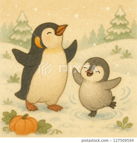 企鵝和孩子在雪地裡跳舞 | 冬日可愛的動物插圖 | 企鵝和孩子在雪地裡玩耍的插圖 127509584