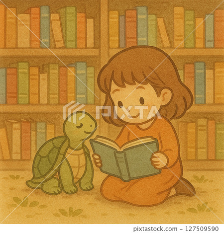 女孩和烏龜一起閱讀的插圖 | 一個女孩和一隻烏龜在圖書館一起閱讀的插圖 127509590