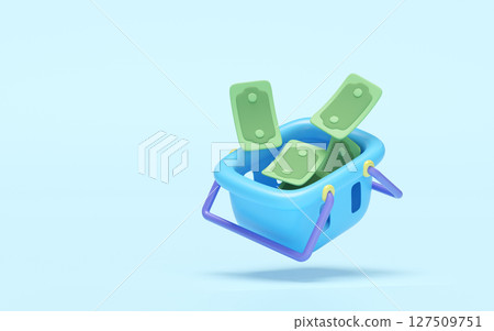 3d Banknotes Falling Into Basket isolated on blue background. cartoon style. economic movements or business finance concept, 3d render illustration 127509751