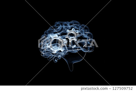 3d human brain transparent icon with gear isolated on black background. thought mechanism in brain concept, 3d illustration render 3d human brain transparent icon with gear isolated on black background. thought mechanism in brain concept, 3d illustration render 127509752
