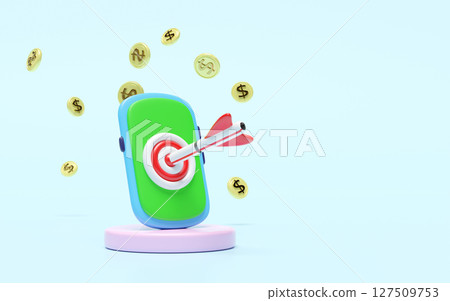 3d smartphone with target, dart, podium icon isolated on blue background. business accuracy target, Investment ,finance, success concept, 3d render illustration, cartoon style 127509753