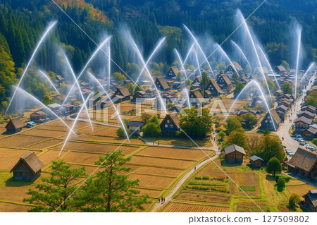 從白川鄉荻町城跡展望台眺望秋季放水訓練 127509802