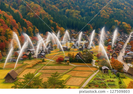 從白川鄉荻町城跡展望台眺望秋季放水訓練 127509803